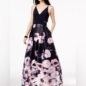 Xscape Navy Blue & pink floral print gown